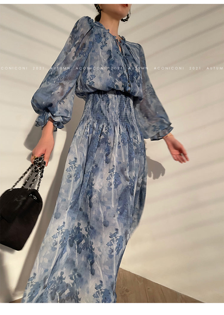 Aconiconi|French elegant blue print spring summer dress - hiju
