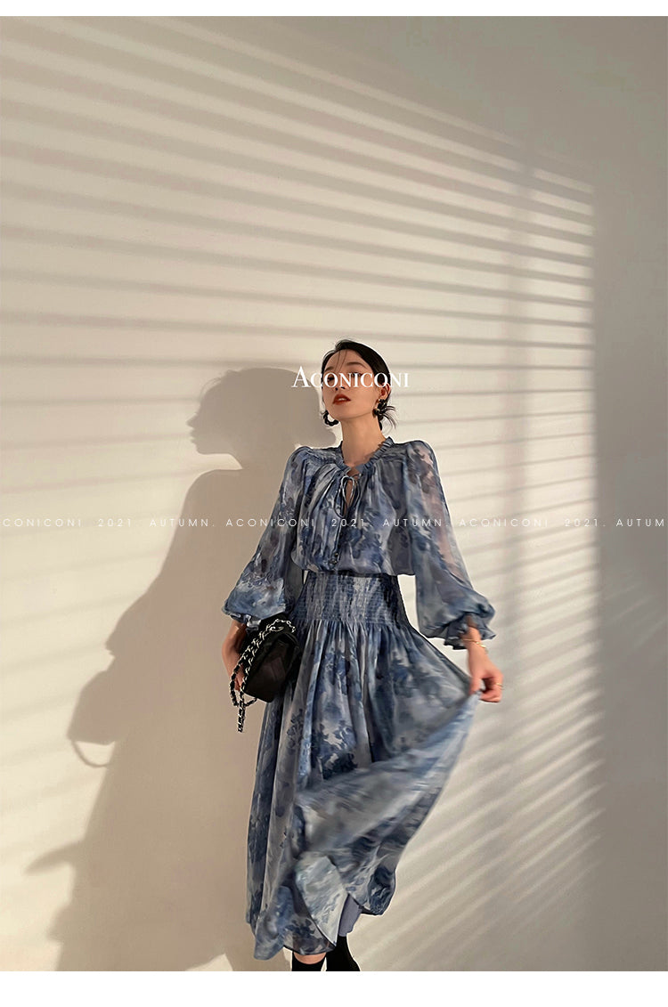 Aconiconi|French elegant blue print spring summer dress - hiju