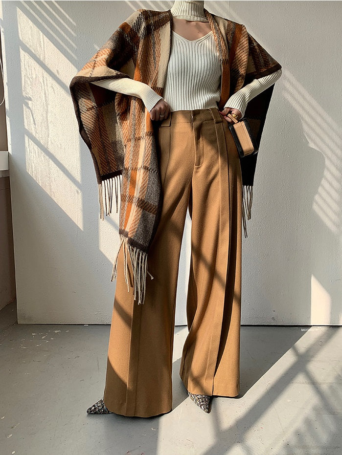 WANXO camel high waist drooping casual pants new straight loose wide leg pants- Tela