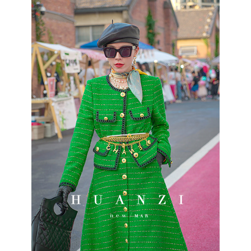 Huanzi tweed wool small suit autumn and winter new green short coat suit set- Lilibeth