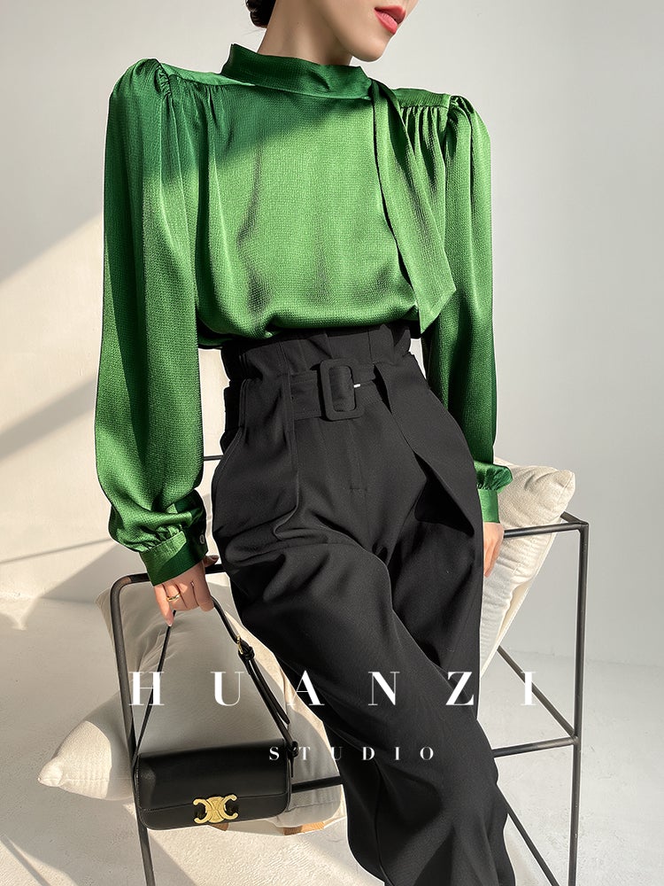 Huanzi new puff sleeves silk satin shirts top blouse - Oitr