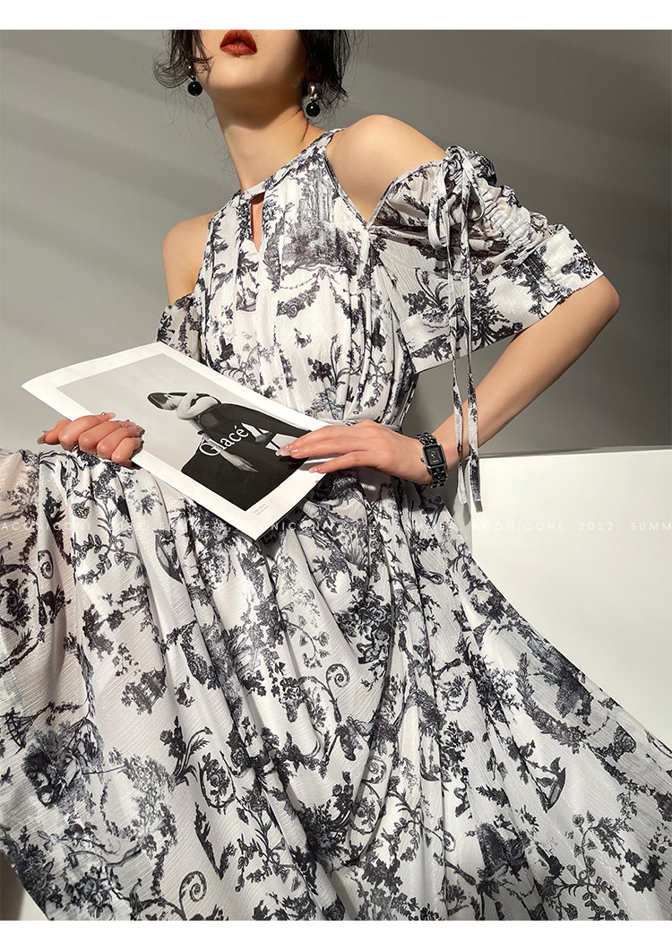 Aconiconi|Calligraphy Art Print Halter Neck Off Shoulder Long Dress - Anne Love
