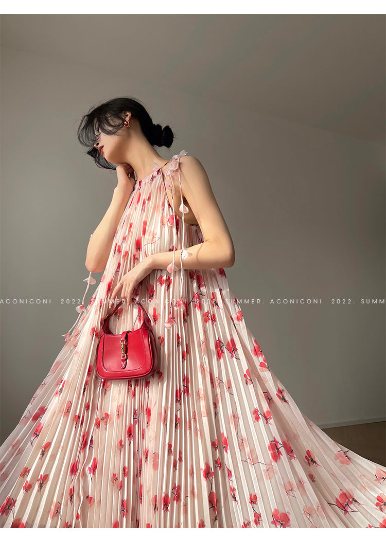 Aconiconi|Flower heavy pleated French romantic vacation style loose sling midi dress - chimes