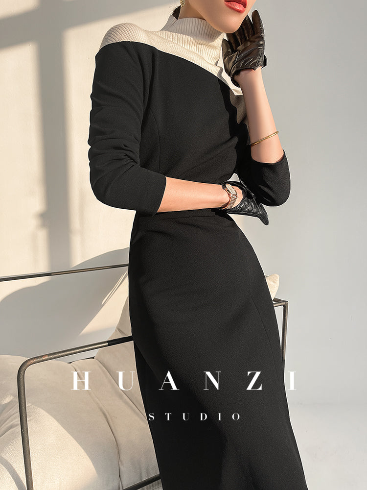 Huanzi new elegant classic black high turtle neck dress - Kios