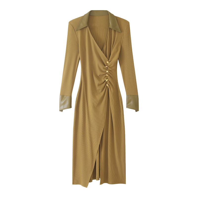 WANXO green v-neck shirt dress new waist and thin knitted slit bottoming skirt- Bella