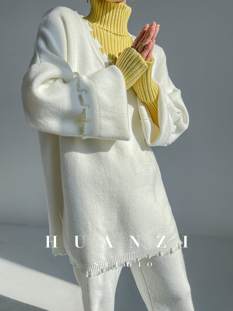 High end pile collar knitted turtleneck sweater -Sulia Cream butter