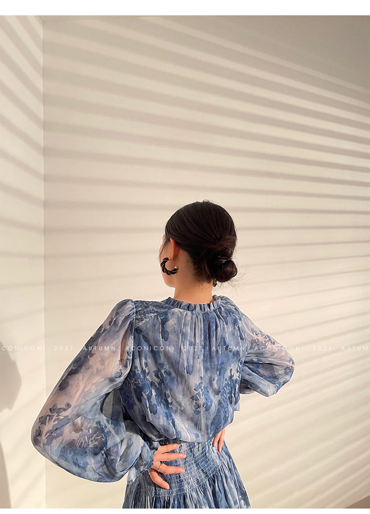 Aconiconi|French elegant blue print spring summer dress - hiju