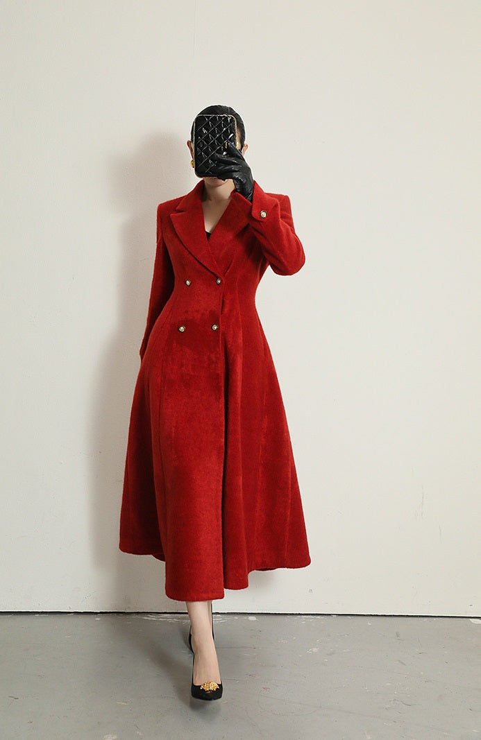 WANXO French red Hepburn style woolen coat new waist and thin long woolen coat- Crissy