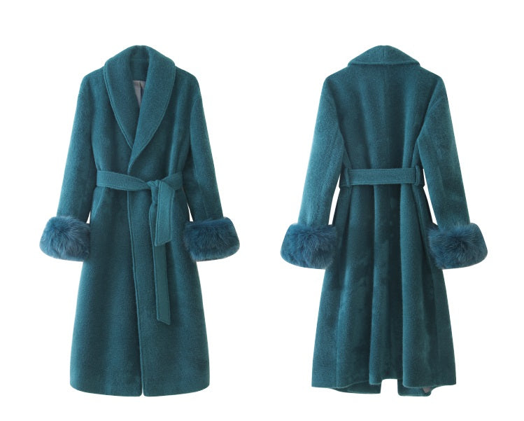 Beige WANXO vegann fur waist tie woolen coat new fashion medium and long woolen coat- Katy