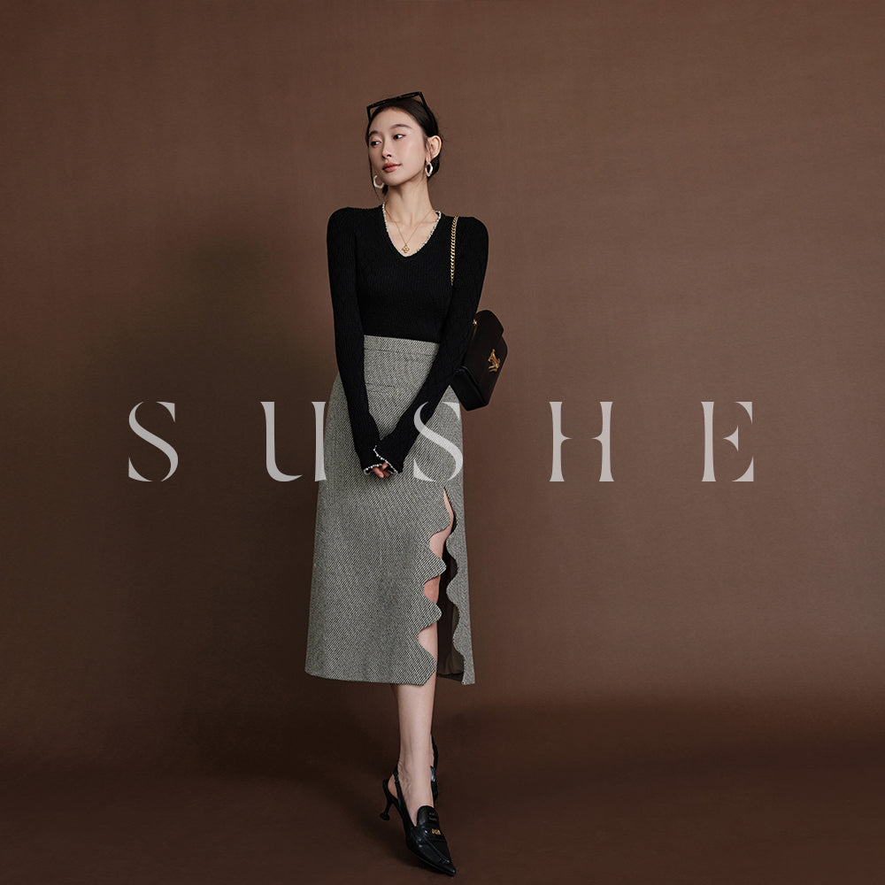 SUSHE Heavy Elegant Wave Slit Spring Skirt - monet vision