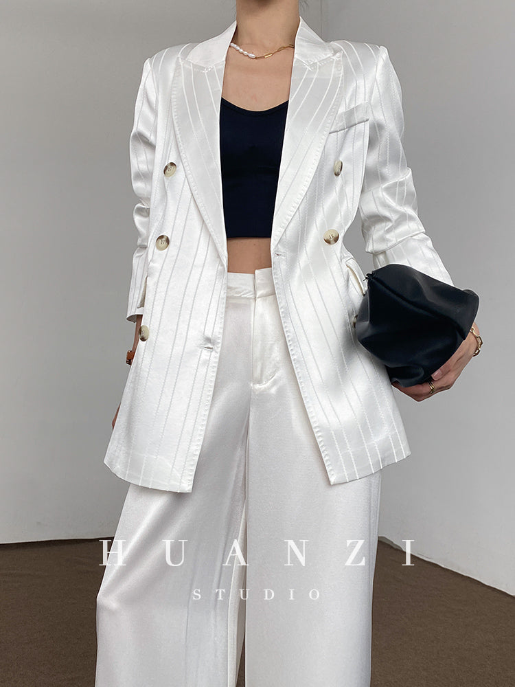 Huanzi high end tri-acetic satin drape high-end suit white silk blazer suit -Bioba