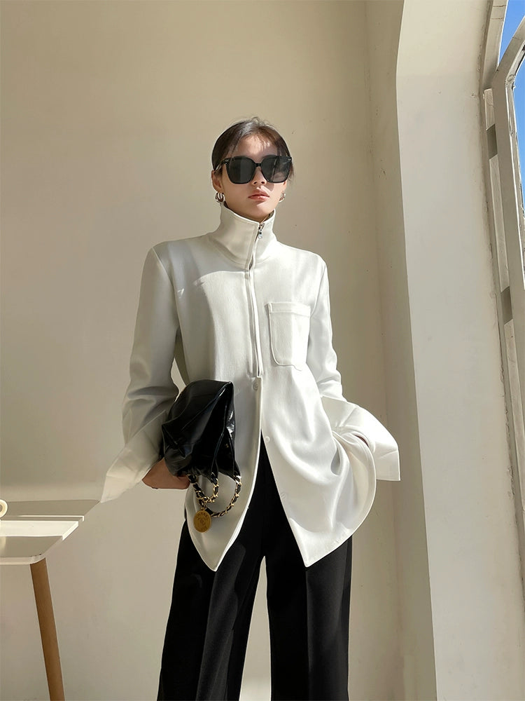Half zipper white shirt women's autumn shirt- Tiloba