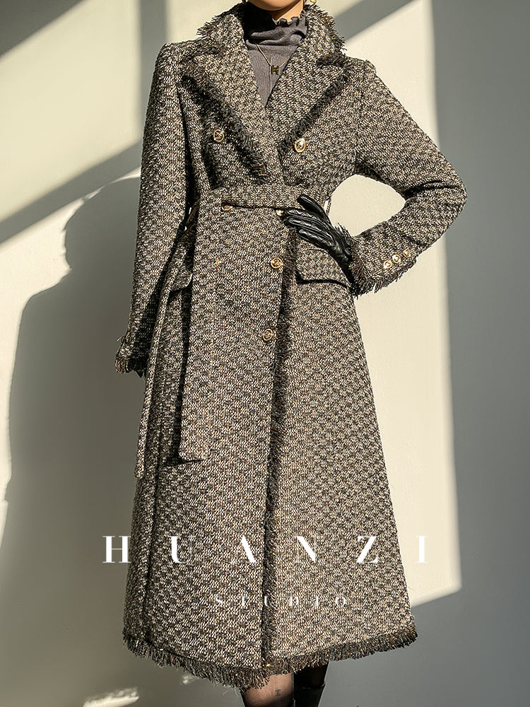 Wool Rough Flower Middle Gray Black High end Winter Jacket Coat- Teisd
