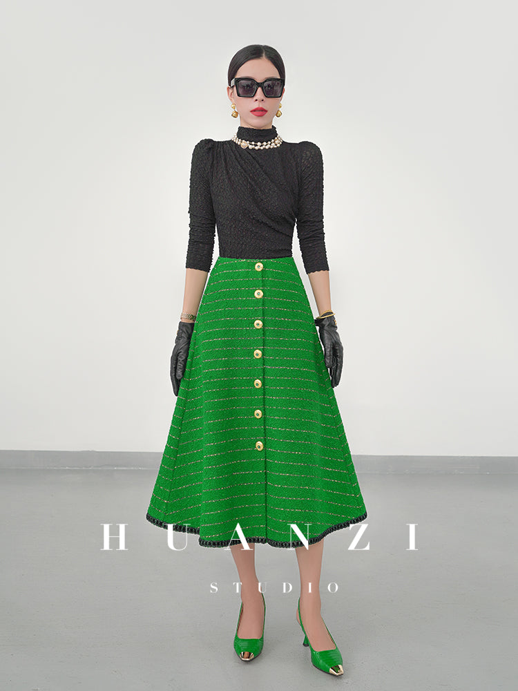 Huanzi tweed wool small suit autumn and winter new green short coat suit set- Lilibeth