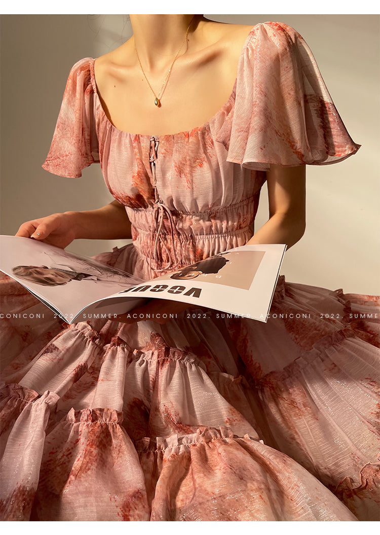 Aconiconi|Fireworks French Print High end Design flowy floral Dress - Atami