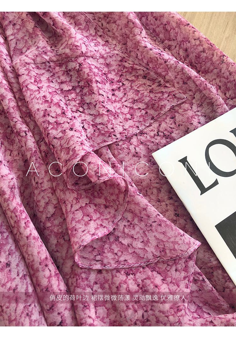 Aconiconi|French style elegant printed floral chiffon summer dress - Nikol