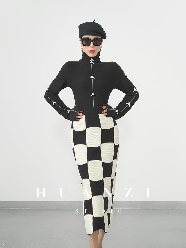Huanzi classic black and white checkerboard high waist slim knitted fishtail skirt for women- Tiloa