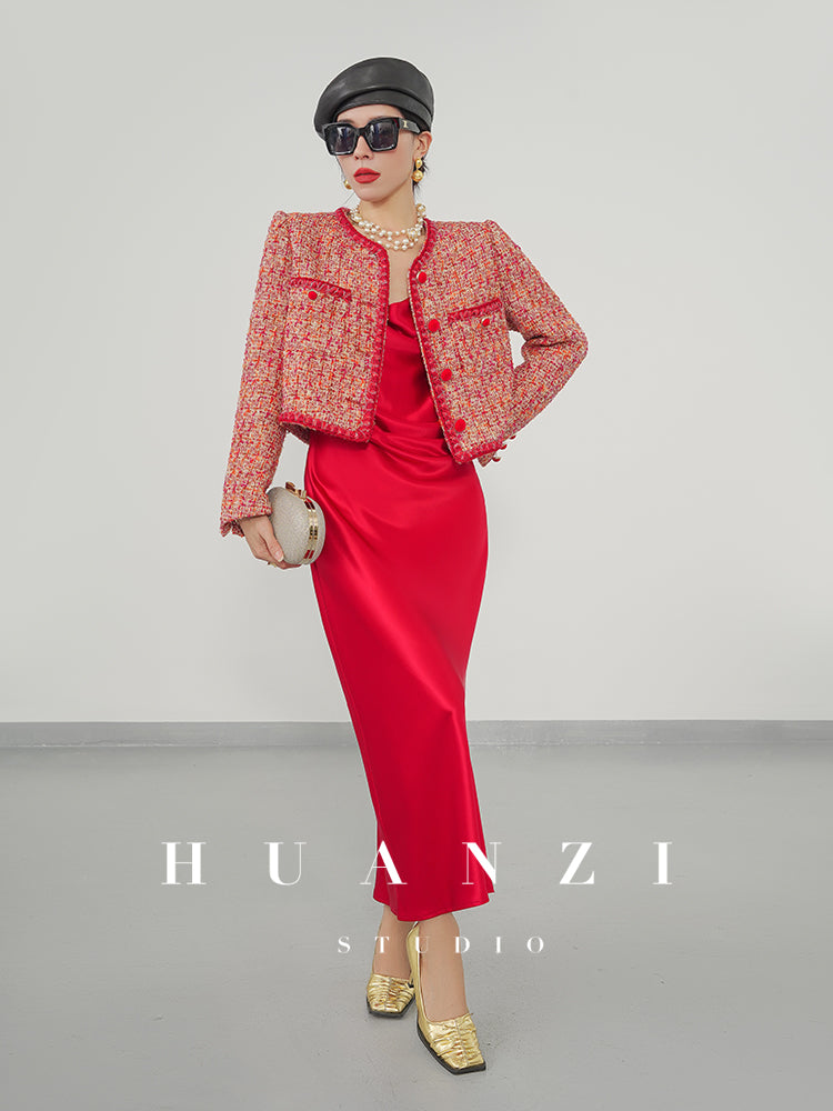 Huanzi custom 2022 autumn and winter new high-definition handmade red tweed temperament lady style small fragrant wind jacket female
