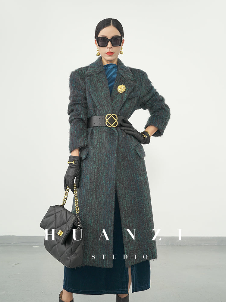 Huanzi new elegant slanted collar acetate velvet waist slit dress mid-length female- Eli
