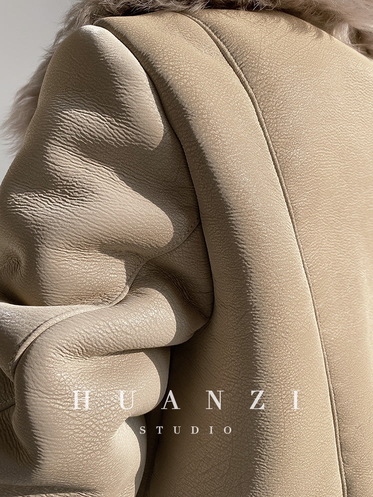 Huanzi custom craft winter fur one-piece wool lamb collar leather jacket - Sioed