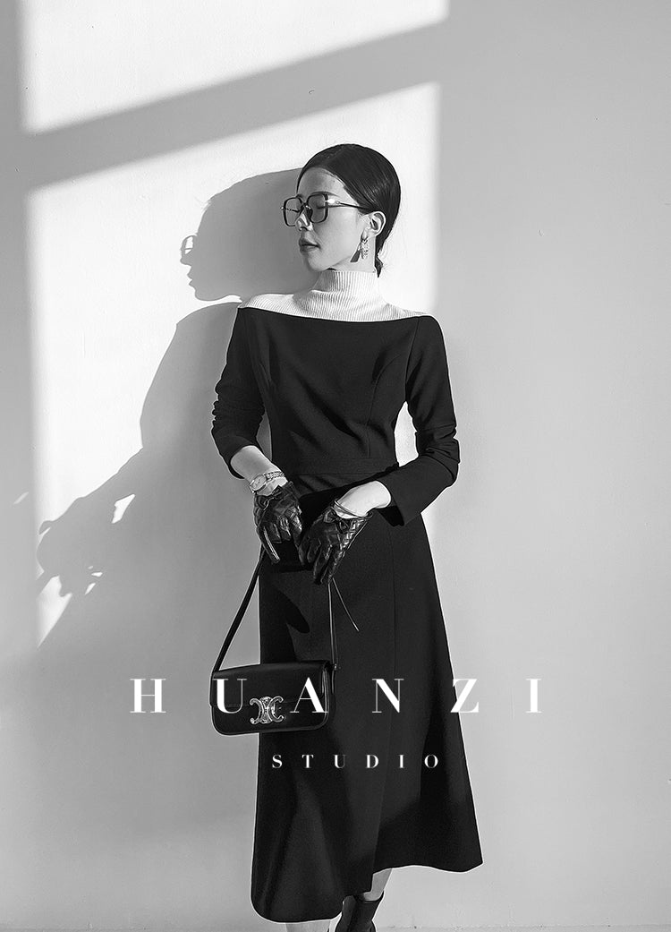 Huanzi new elegant classic black high turtle neck dress - Kios
