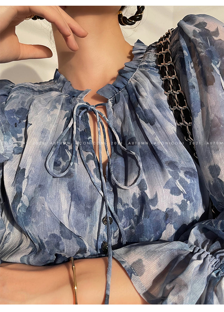 Aconiconi|French elegant blue print spring summer dress - hiju