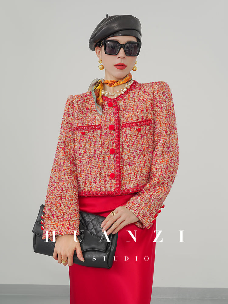 Huanzi custom 2022 autumn and winter new high-definition handmade red tweed temperament lady style small fragrant wind jacket female