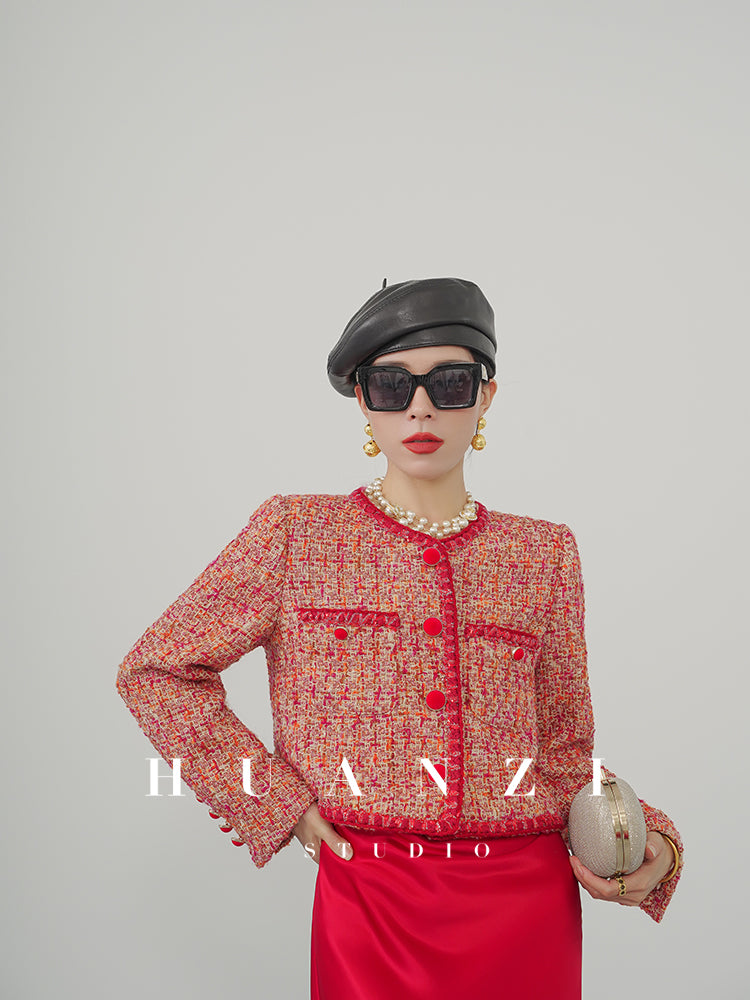 Huanzi custom 2022 autumn and winter new high-definition handmade red tweed temperament lady style small fragrant wind jacket female