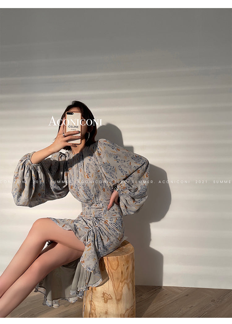 Aconiconi|high-end French tea floral printed elegant lantern sleeve midi dress - Nila