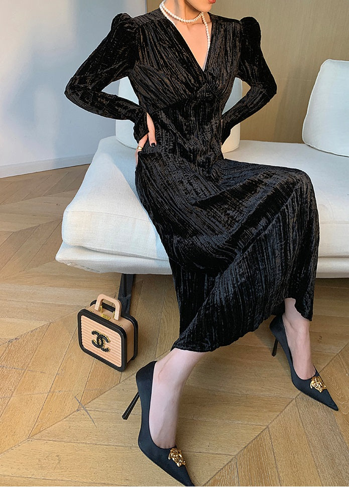 WANXO French black V-neck velvet dress new waist and slim mid-length skirt- Gulia