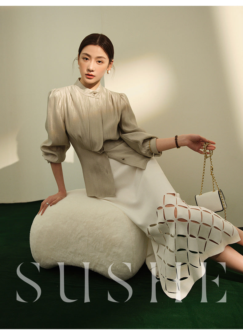 SUSHE Gold Series Retro Spring Women's 2023 Loose Stand Collar Shirt -Star