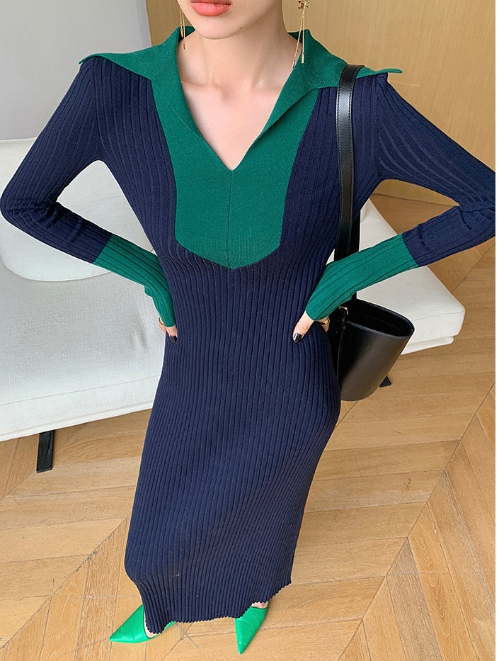 WANXO black sweater dress new design sense of contrast color slim fit mid-length bottoming knitted dress- Eliza