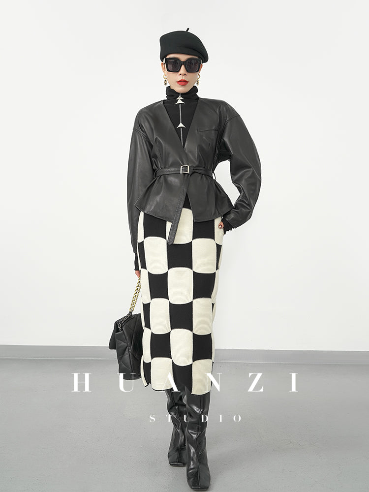 Huanzi classic black and white checkerboard high waist slim knitted fishtail skirt for women- Tiloa
