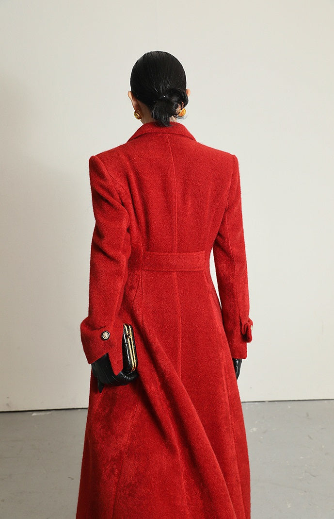 WANXO French red Hepburn style woolen coat new waist and thin long woolen coat- Crissy