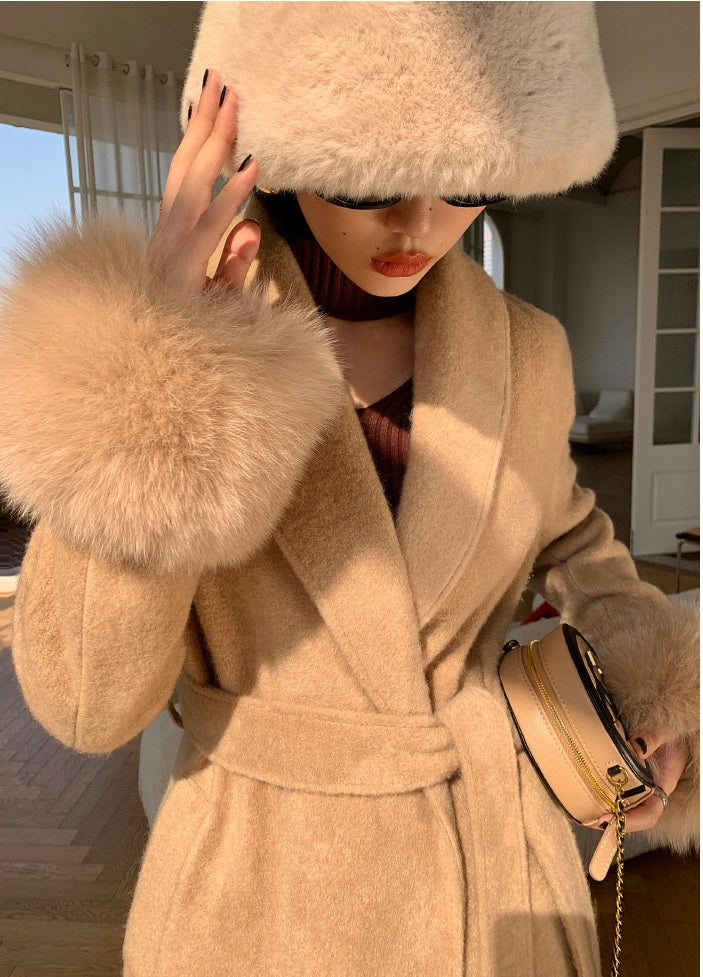 Beige WANXO vegann fur waist tie woolen coat new fashion medium and long woolen coat- Katy