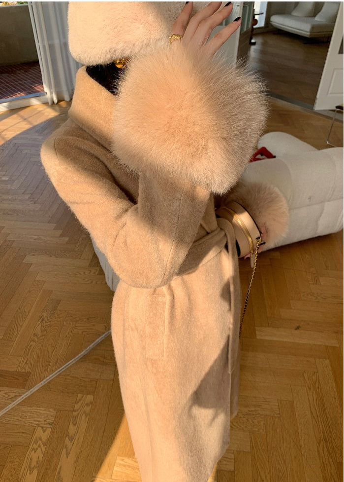 Beige WANXO vegann fur waist tie woolen coat new fashion medium and long woolen coat- Katy
