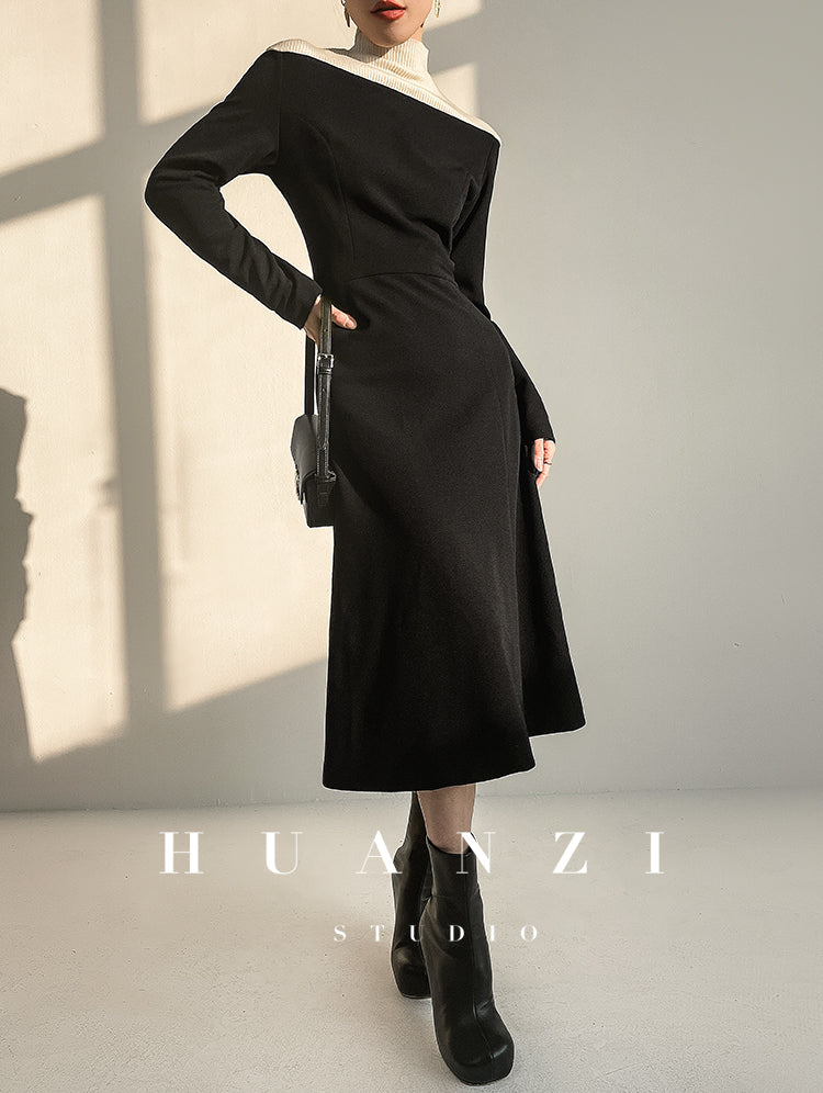 Huanzi new elegant classic black high turtle neck dress - Kios