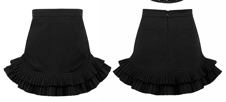 Retro Hepburn inspired black high waist pleated skirt puff sleeves chiffon top two piece suit set- Chia