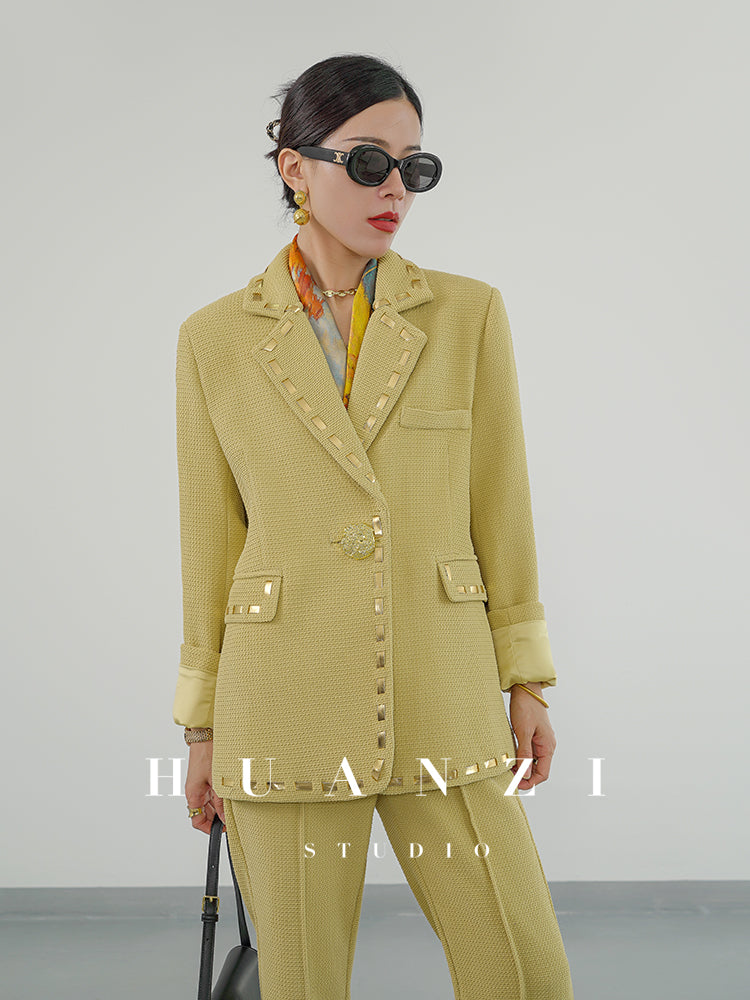 Huanzi new handmade micro-wide suit jacket with back slit straight-leg micro-launched trousers suit set- Emera