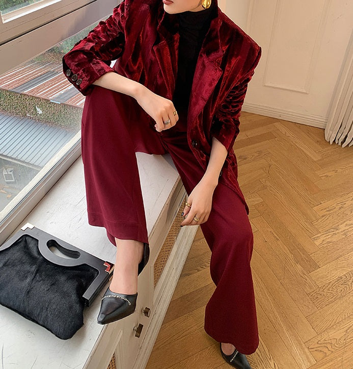 WANXO wine red acetate velvet suit jacket new high-end silhouette coat- Serena