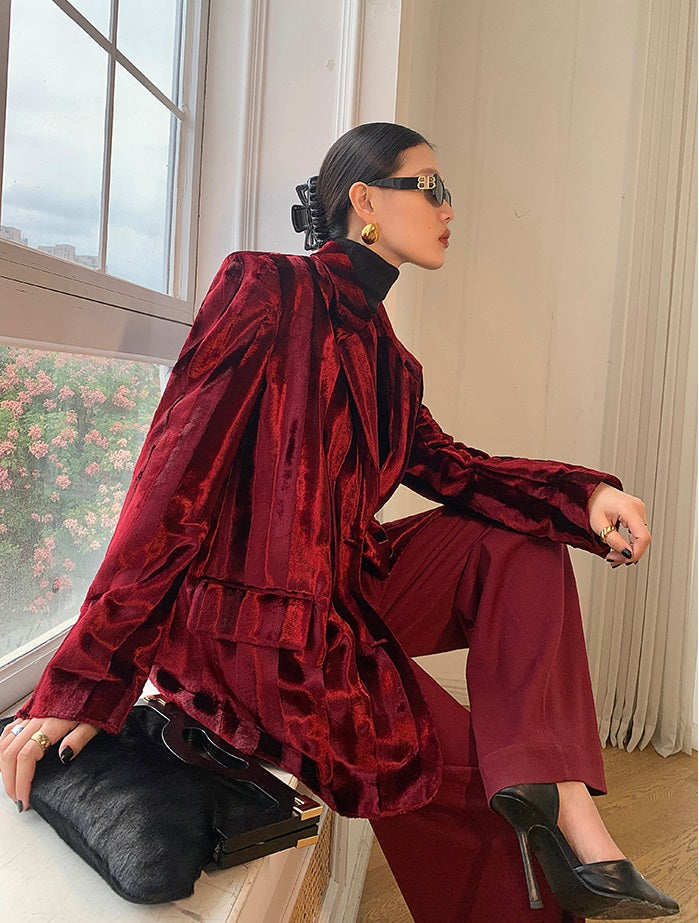 WANXO wine red acetate velvet suit jacket new high-end silhouette coat- Serena