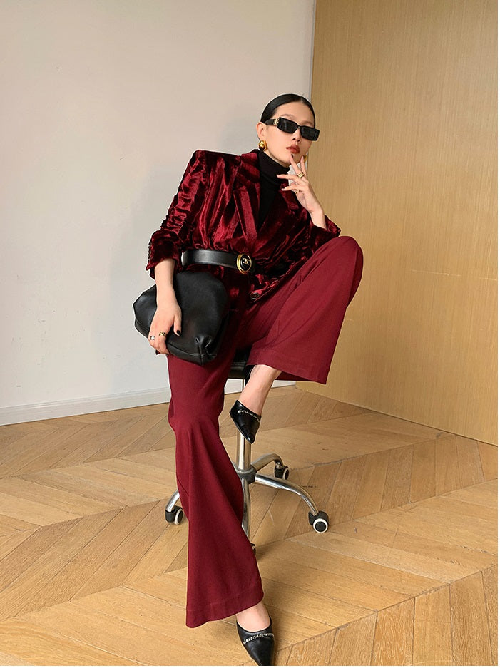 WANXO wine red acetate velvet suit jacket new high-end silhouette coat- Serena