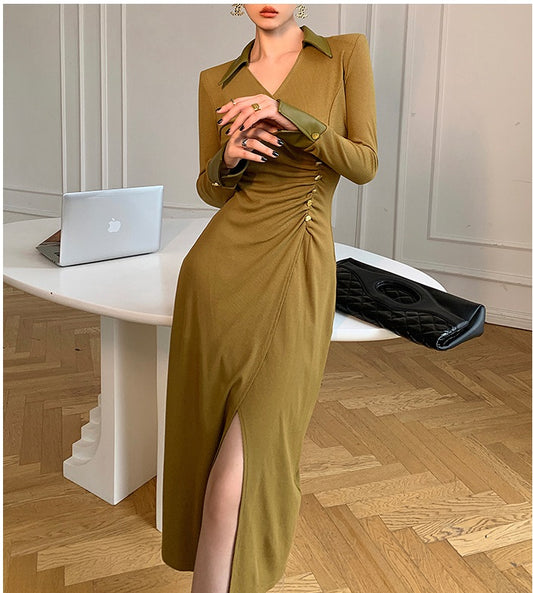 WANXO green v-neck shirt dress new waist and thin knitted slit bottoming skirt- Bella