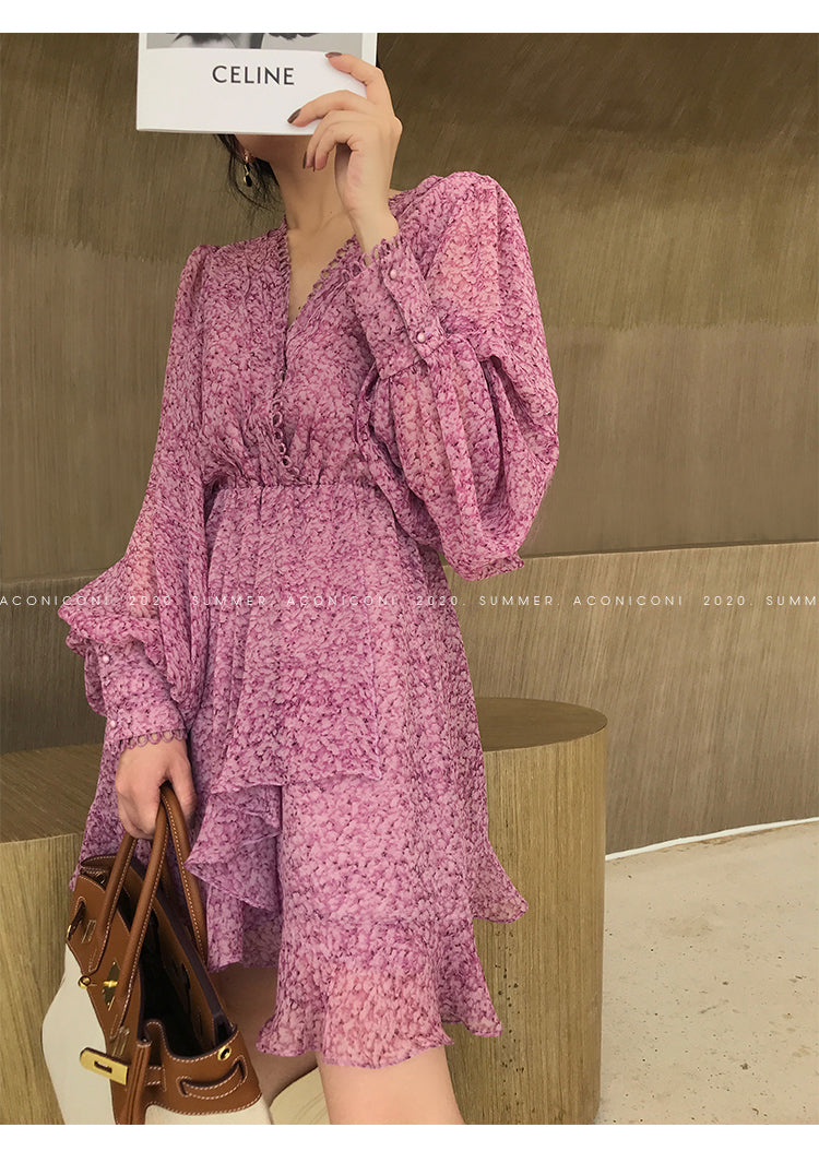 Aconiconi|French style elegant printed floral chiffon summer dress - Nikol