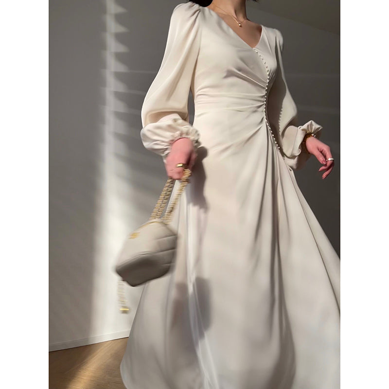 Aconiconi|Classic Simple French Tea Break Light Luxury High Sense Dress Long Skirt- Eloisa