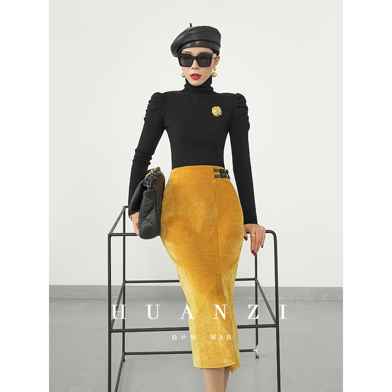 Huanzi new French velvet fashionable high waist slim and small slit skirt female- Elvin