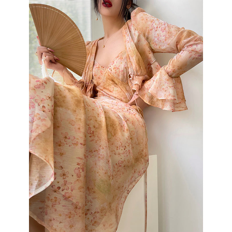 Aconiconi| French elegant print slip dress + top short cardigan-Tsubakino Hanazaki