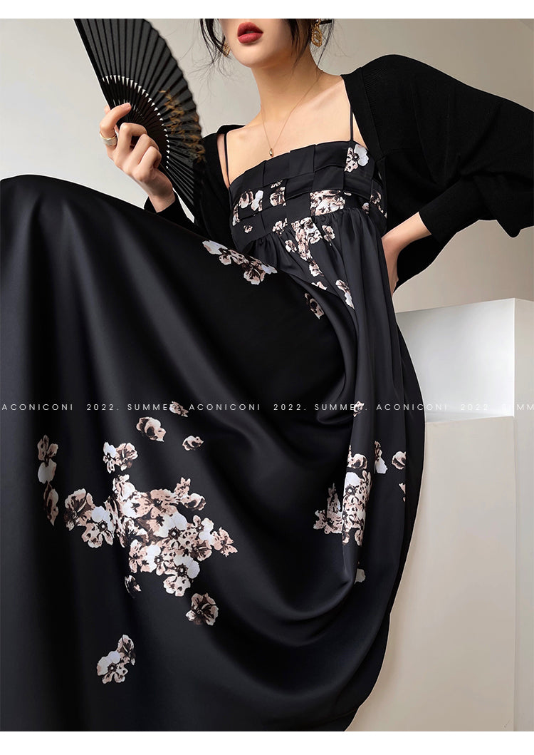 Aconiconi|Luxury French japanese retro print tube top suspender loose dress - Kimiko
