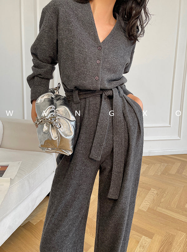 V-neck knitted wool drape wide-leg trouser jumpsuit - Mopai