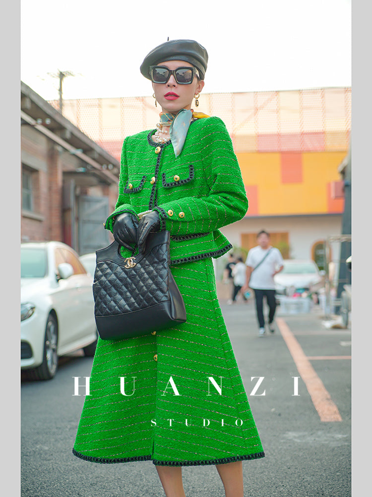 Huanzi tweed wool small suit autumn and winter new green short coat suit set- Lilibeth
